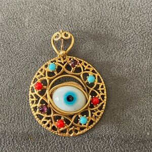 14k yellow Gold Evil Eye Pendant with Multicolor Semiprecious Stone Accents